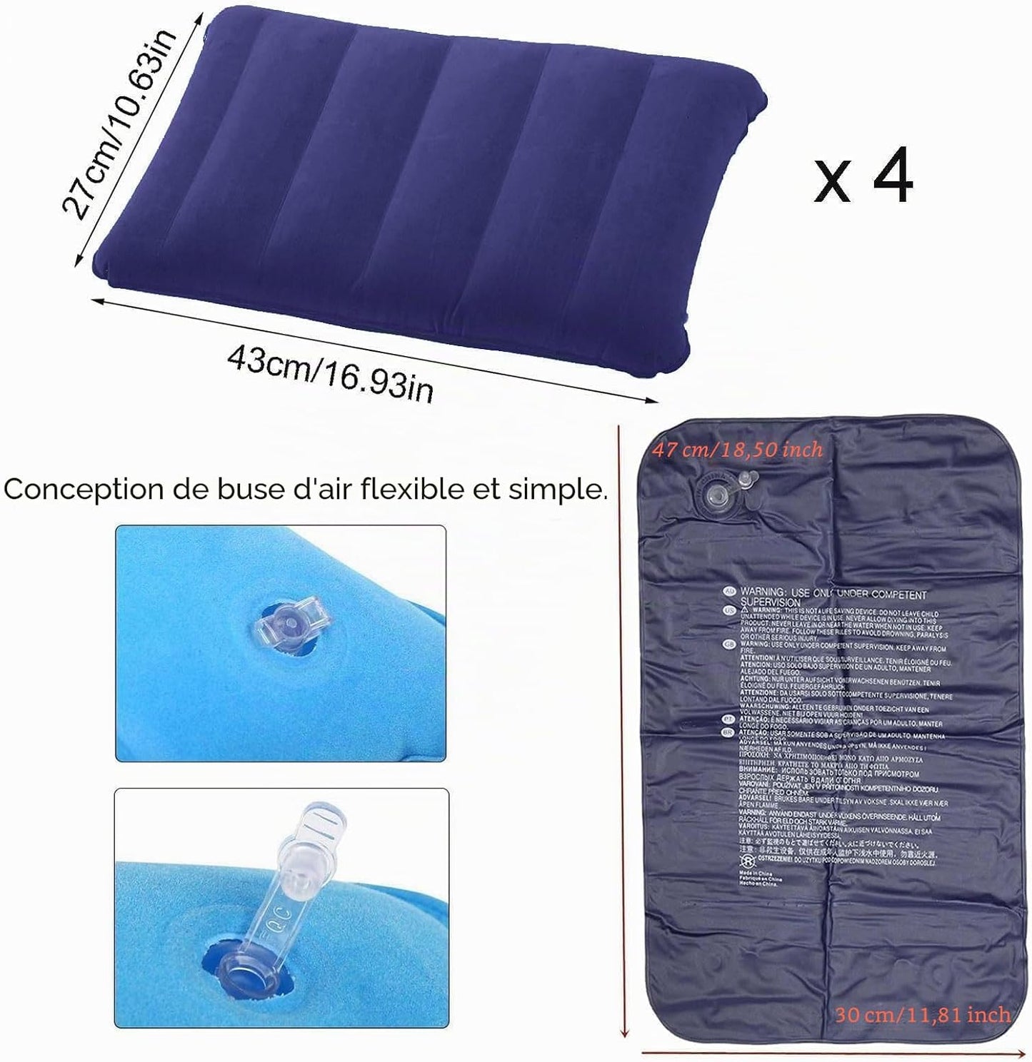 4 Pièces Coussins De Camping Gonflables,Coussin De Nuque, De Plage, Flocage, Coussin De Voyage Confortable, Pour Le Bureau,L'Extérieur,La Randonnée,Les Vacances À La Plage, Le Camping (Bleu)