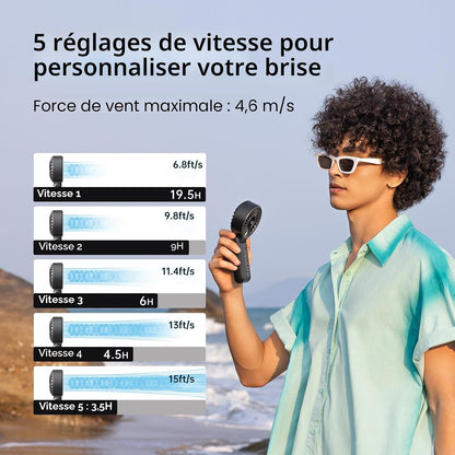 Ventilateur Portable, Ventilateur Portable Avec Écran LED [Refroidissement Maximum 19,5 Heures] 5000 Mah, Plié À 150 °, 5 Vitesses, Lanière ; Éventail 3-EN-1 Main/Bureau/Cou - Noir