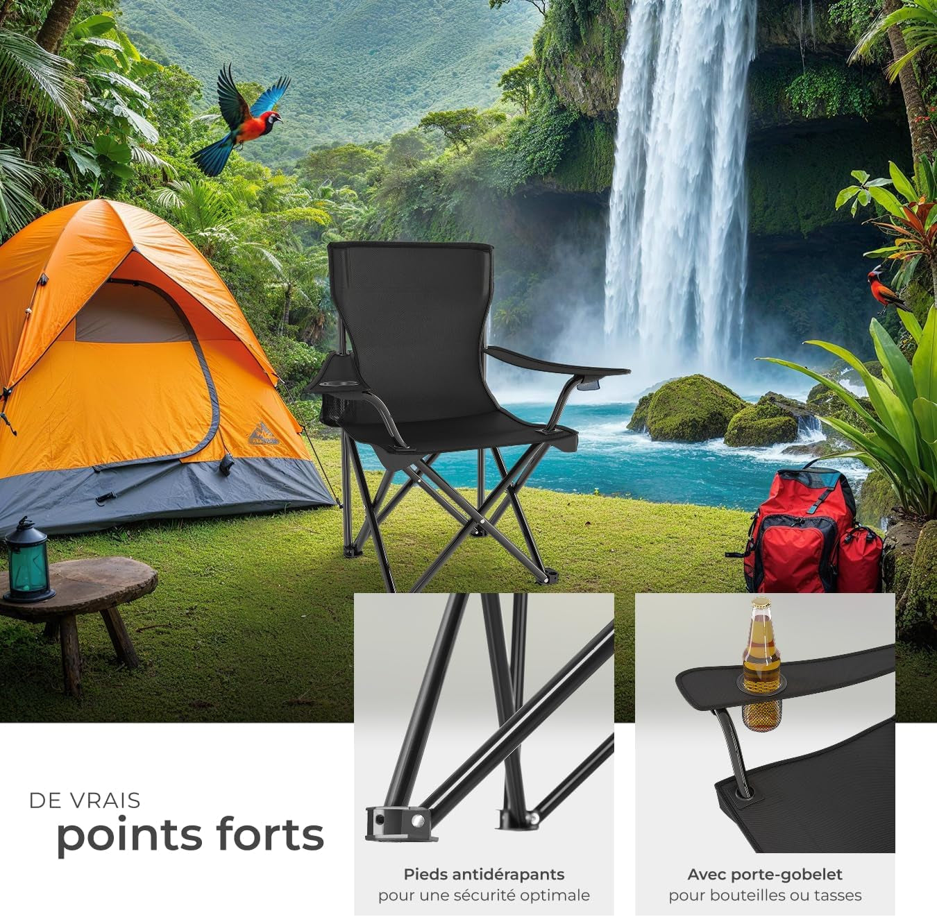 ® Chaises De Camping Pliables, Lot De 2, Chaise De Plage 80 X 48 X 84,5 Cm, Fauteuil Pliable Ultra Léger, Porte-Boisson Et Sac De Transport, Rembourrage En Mousse, Pique-Nique, Camping, Plage