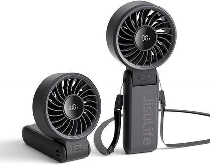 Ventilateur Portable, Ventilateur Portable Avec Écran LED [Refroidissement Maximum 19,5 Heures] 5000 Mah, Plié À 150 °, 5 Vitesses, Lanière ; Éventail 3-EN-1 Main/Bureau/Cou - Noir