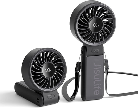 Ventilateur Portable, Ventilateur Portable Avec Écran LED [Refroidissement Maximum 19,5 Heures] 5000 Mah, Plié À 150 °, 5 Vitesses, Lanière ; Éventail 3-EN-1 Main/Bureau/Cou - Noir