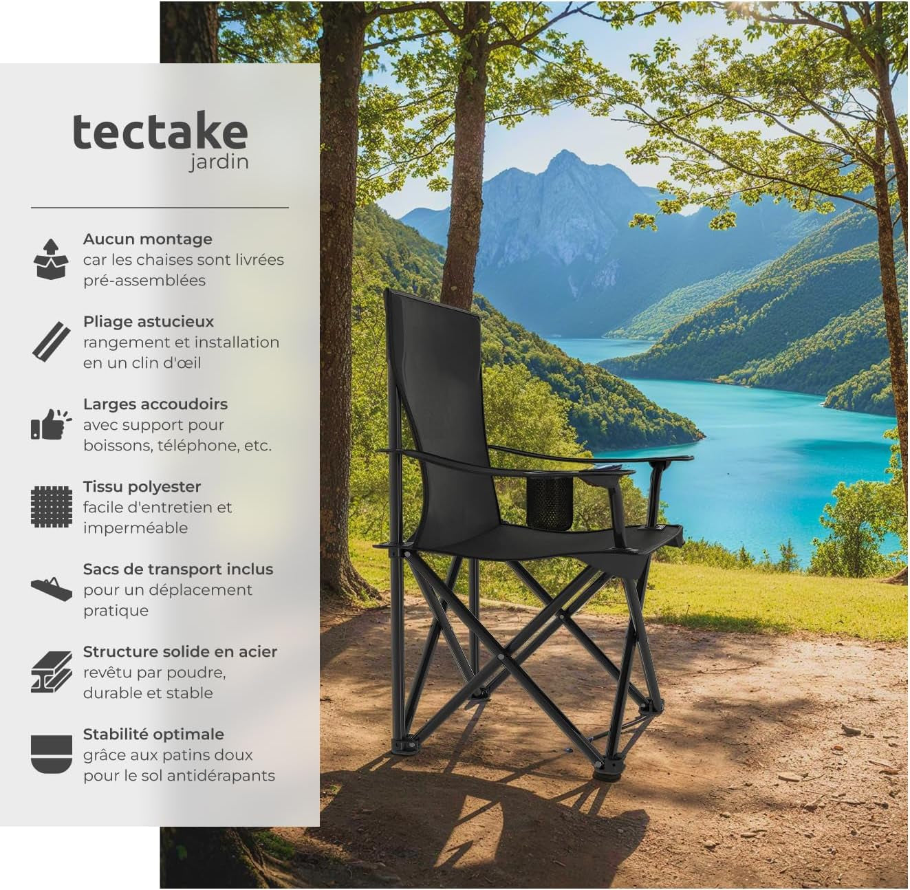 ® Chaises De Camping Pliables, Lot De 2, Chaise De Plage 80 X 48 X 84,5 Cm, Fauteuil Pliable Ultra Léger, Porte-Boisson Et Sac De Transport, Rembourrage En Mousse, Pique-Nique, Camping, Plage