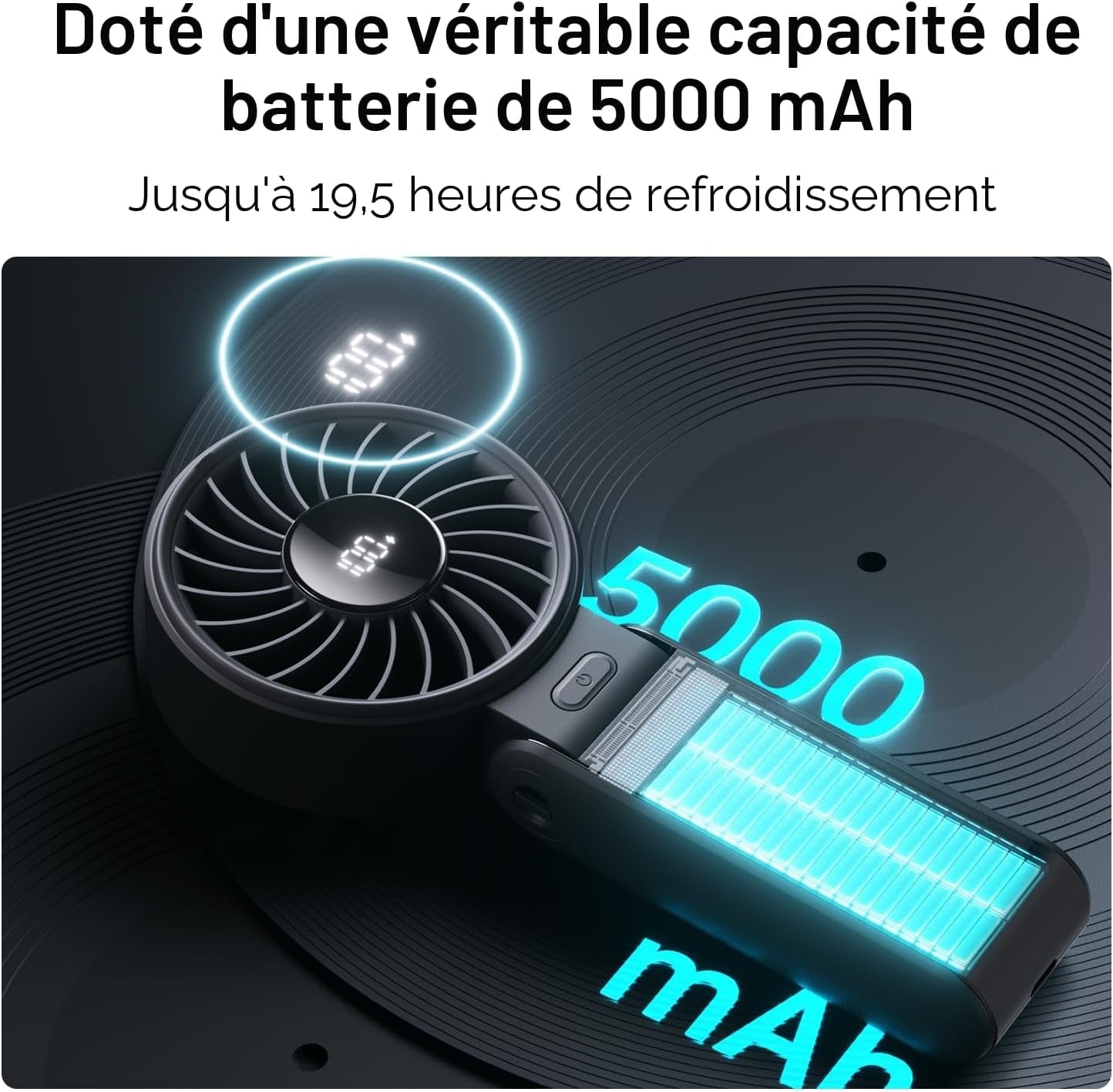 Ventilateur Portable, Ventilateur Portable Avec Écran LED [Refroidissement Maximum 19,5 Heures] 5000 Mah, Plié À 150 °, 5 Vitesses, Lanière ; Éventail 3-EN-1 Main/Bureau/Cou - Noir