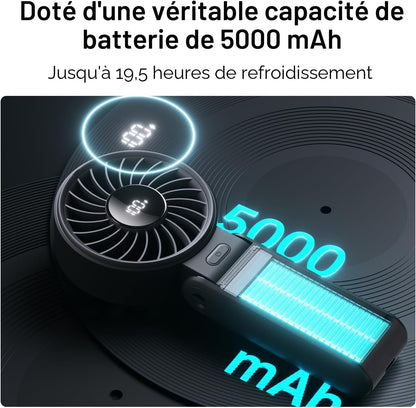 Ventilateur Portable, Ventilateur Portable Avec Écran LED [Refroidissement Maximum 19,5 Heures] 5000 Mah, Plié À 150 °, 5 Vitesses, Lanière ; Éventail 3-EN-1 Main/Bureau/Cou - Noir