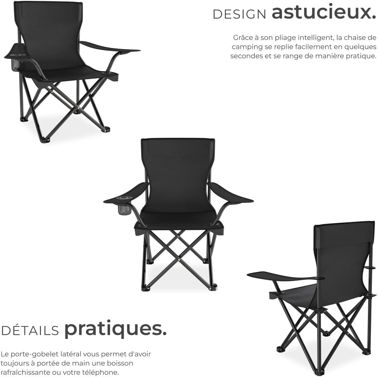 ® Chaises De Camping Pliables, Lot De 2, Chaise De Plage 80 X 48 X 84,5 Cm, Fauteuil Pliable Ultra Léger, Porte-Boisson Et Sac De Transport, Rembourrage En Mousse, Pique-Nique, Camping, Plage
