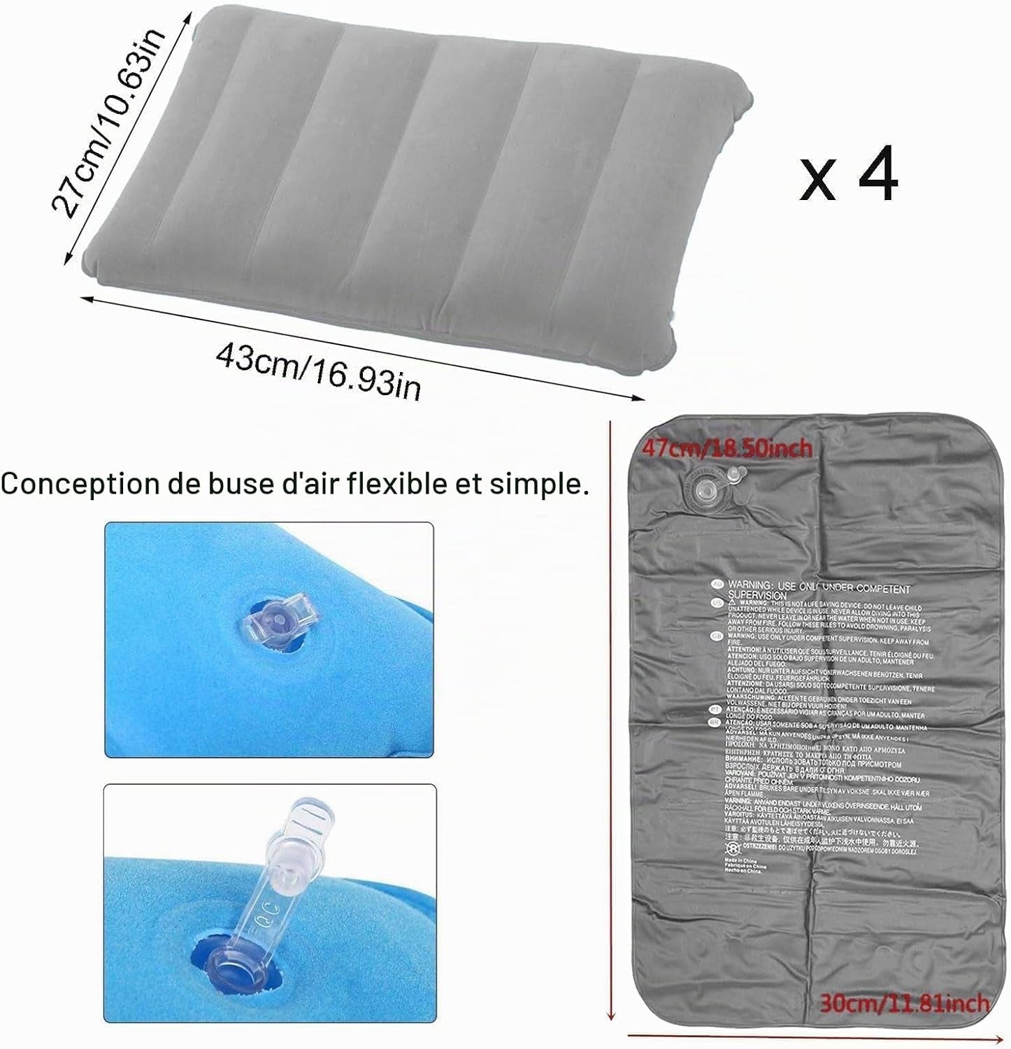 4 Pièces Coussins De Camping Gonflables,Coussin De Nuque, De Plage, Flocage, Coussin De Voyage Confortable, Pour Le Bureau,L'Extérieur,La Randonnée,Les Vacances À La Plage, Le Camping (Gris)