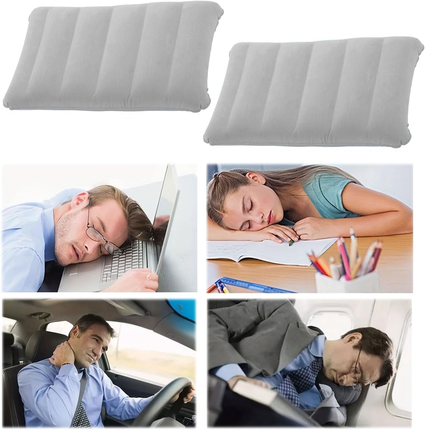 4 Pièces Coussins De Camping Gonflables,Coussin De Nuque, De Plage, Flocage, Coussin De Voyage Confortable, Pour Le Bureau,L'Extérieur,La Randonnée,Les Vacances À La Plage, Le Camping (Gris)