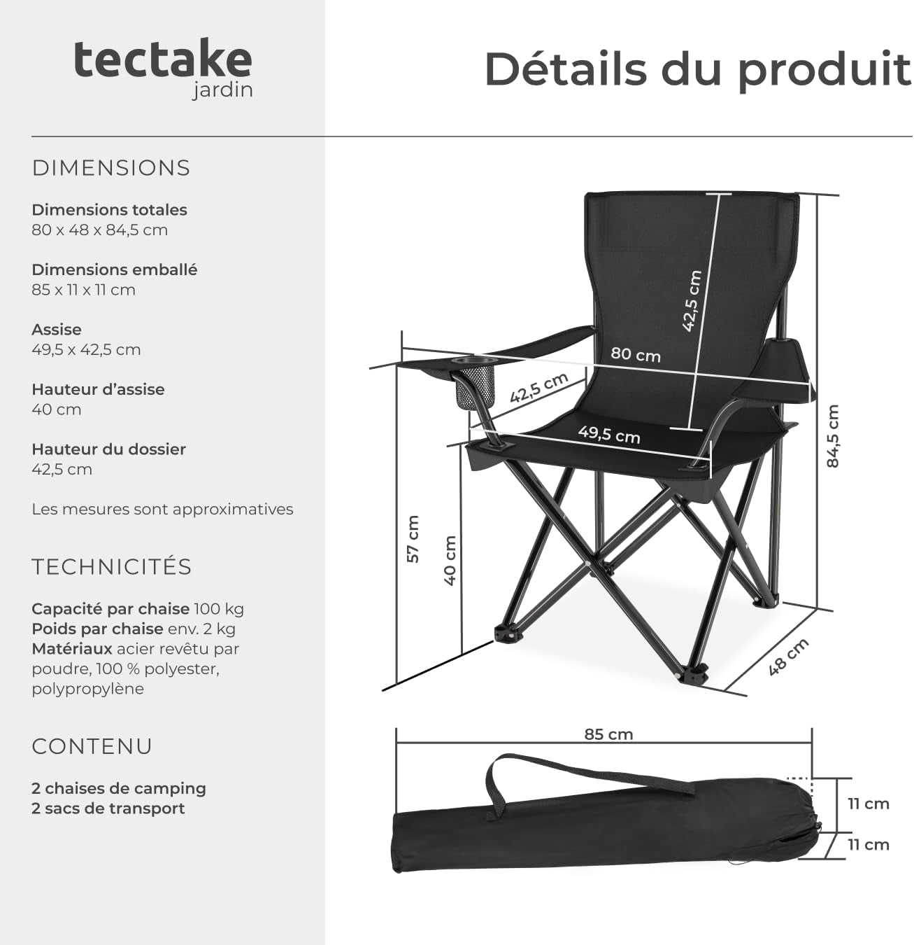 ® Chaises De Camping Pliables, Lot De 2, Chaise De Plage 80 X 48 X 84,5 Cm, Fauteuil Pliable Ultra Léger, Porte-Boisson Et Sac De Transport, Rembourrage En Mousse, Pique-Nique, Camping, Plage