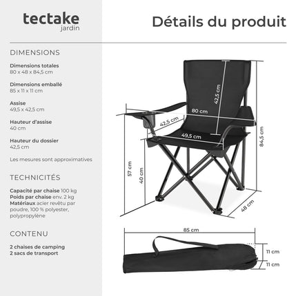 ® Chaises De Camping Pliables, Lot De 2, Chaise De Plage 80 X 48 X 84,5 Cm, Fauteuil Pliable Ultra Léger, Porte-Boisson Et Sac De Transport, Rembourrage En Mousse, Pique-Nique, Camping, Plage