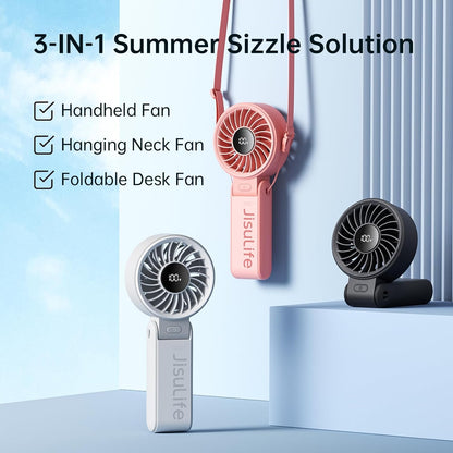 Ventilateur Portable, Ventilateur Portable Avec Écran LED [Refroidissement Maximum 19,5 Heures] 5000 Mah, Plié À 150 °, 5 Vitesses, Lanière ; Éventail 3-EN-1 Main/Bureau/Cou - Noir