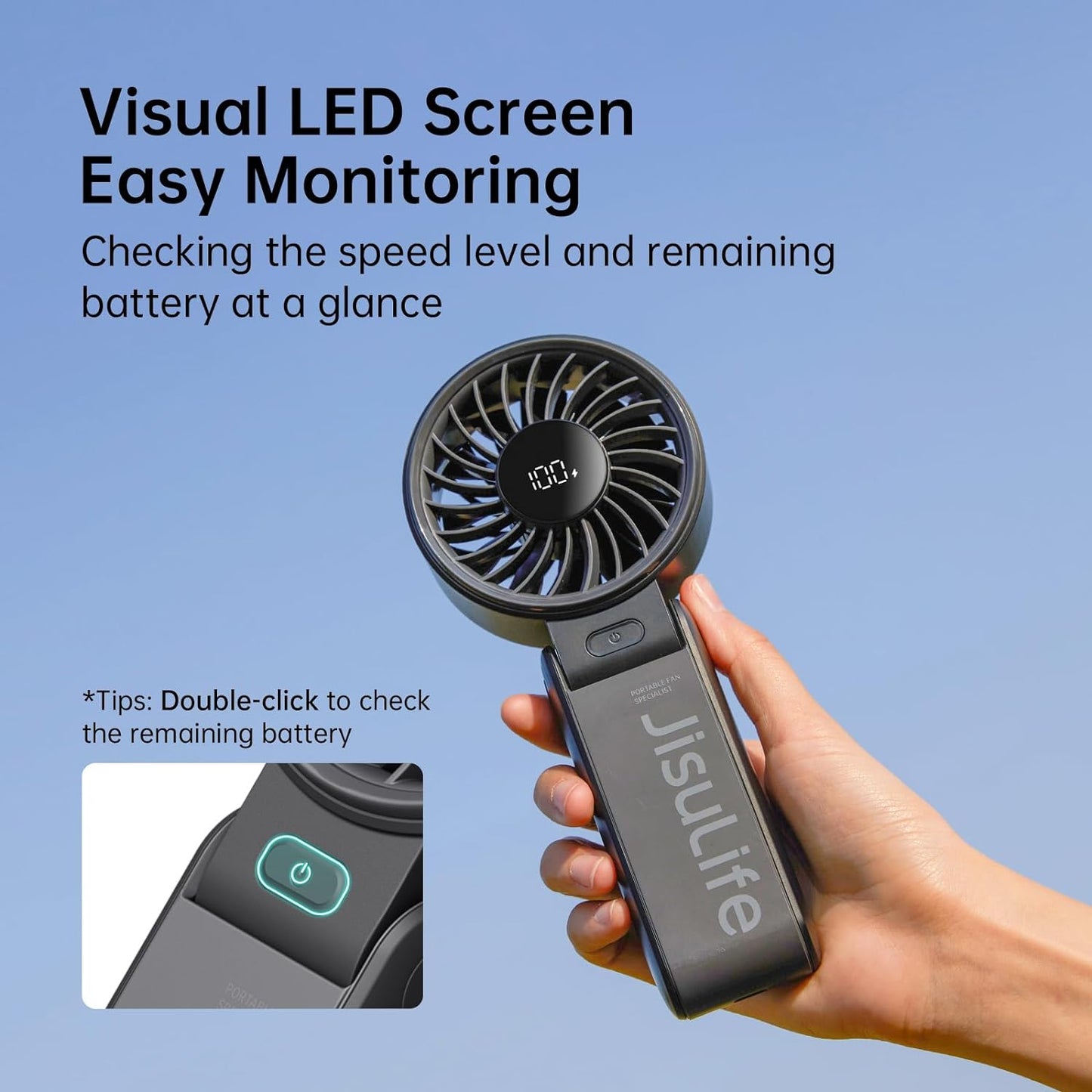 Ventilateur Portable, Ventilateur Portable Avec Écran LED [Refroidissement Maximum 19,5 Heures] 5000 Mah, Plié À 150 °, 5 Vitesses, Lanière ; Éventail 3-EN-1 Main/Bureau/Cou - Noir